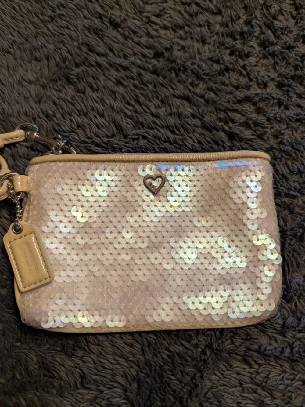 Y2K Coach Poppy Iridescent Sequin Heart Wristlet.